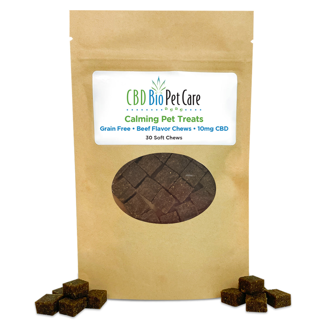 CBD BioCare Calming Pet Treats - CBD-infused dog and cat treats in resealable bag, specially formulated with natural ingredients to reduce anxiety, stress, and promote relaxation in pets of all sizes