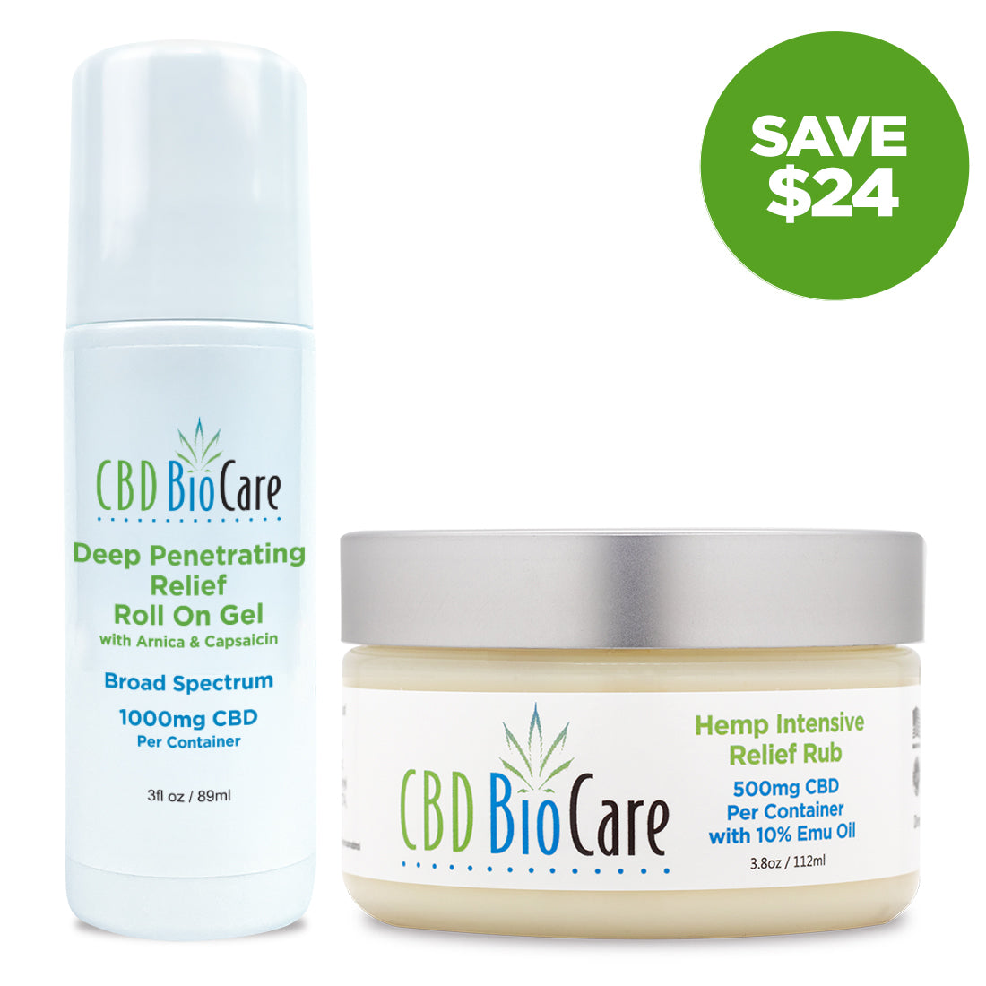CBD BioCare Pain Powerhouse Duo - Complete pain relief system featuring 500mg CBD Pain Balm in round container and Roll-On applicator with precision tip, designed for comprehensive muscle and joint comfort