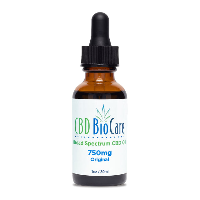 CBD BioCare 750mg Hemp Oil - Mid-strength CBD tincture in glass amber bottle with calibrated dropper, offering balanced daily wellness support in a versatile concentration